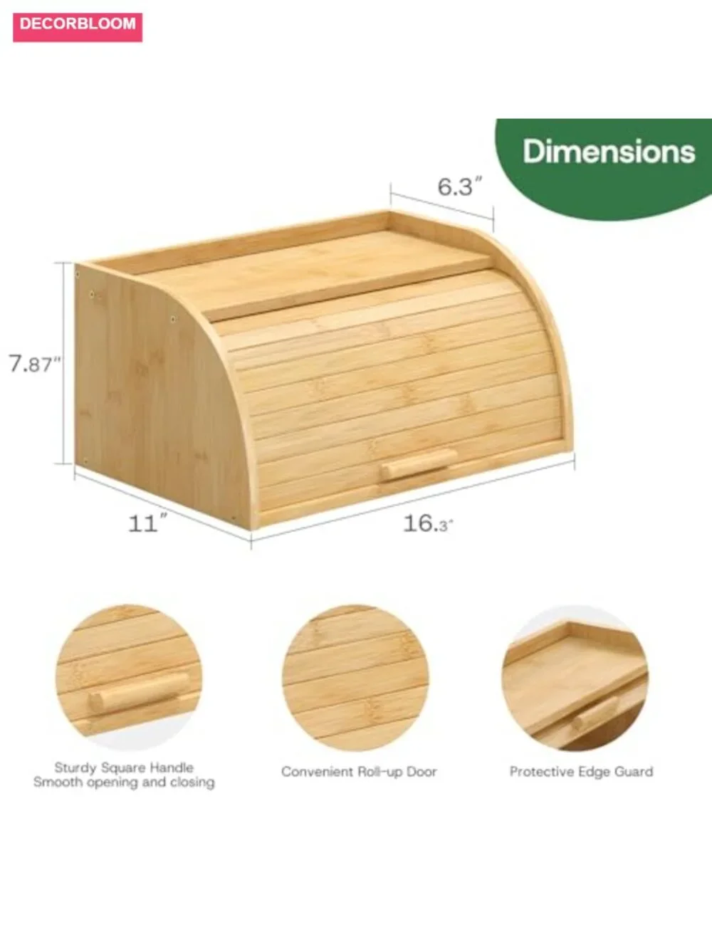 Bamboo Wood Bread Box with Roll-Top for Kitchen Countertop Storage